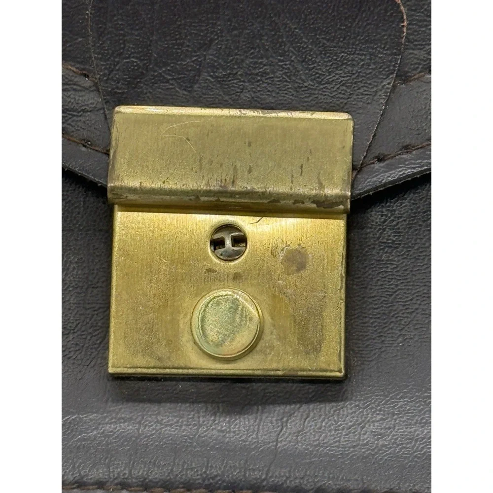 VTG Brown Leather Briefcase Gold Tone Lock & Key 12x8 Slim Portfolio Attache Bag